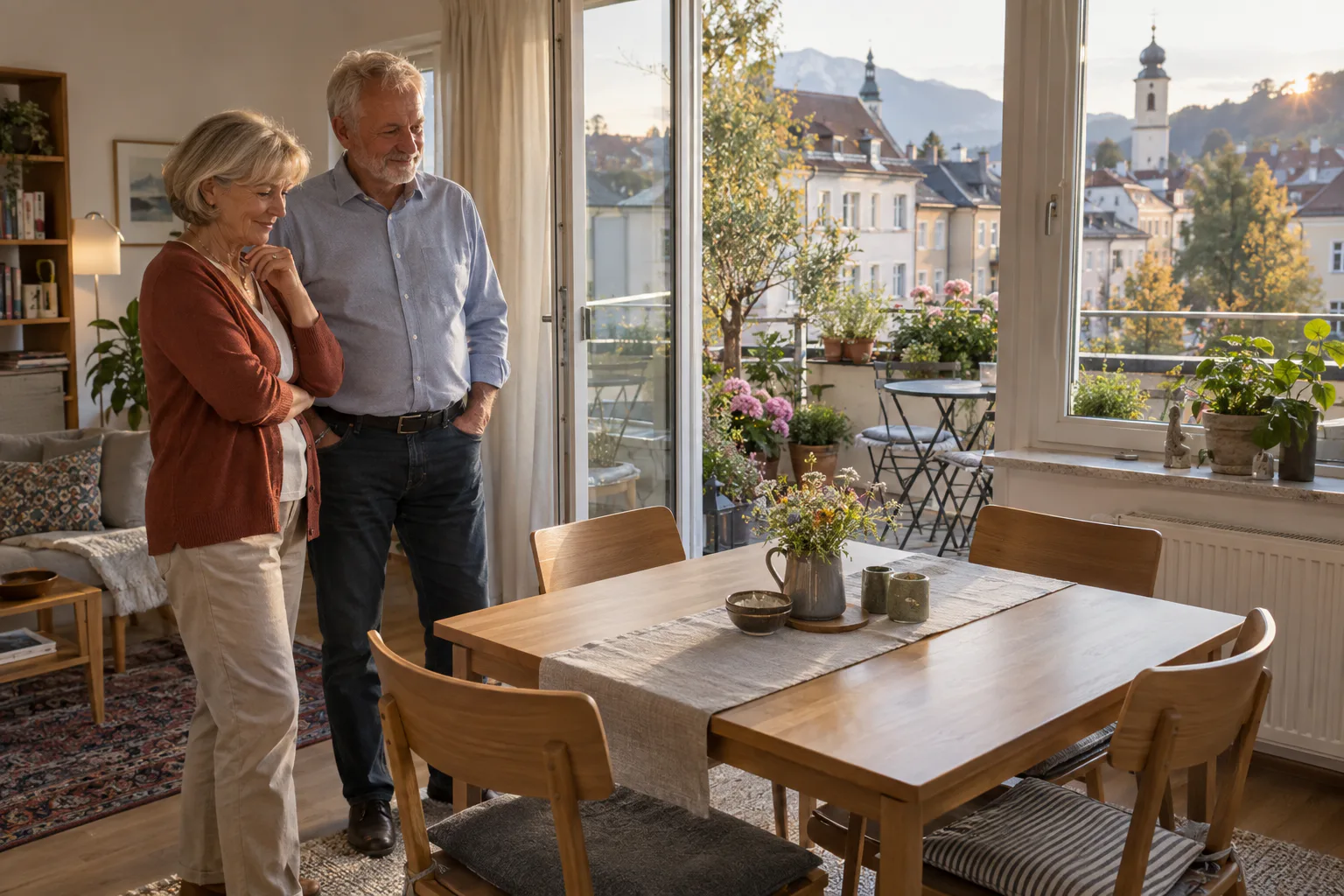 Älteres Paar sieht sich einen hellen Wohnraum mit Esstisch und Balkon an
